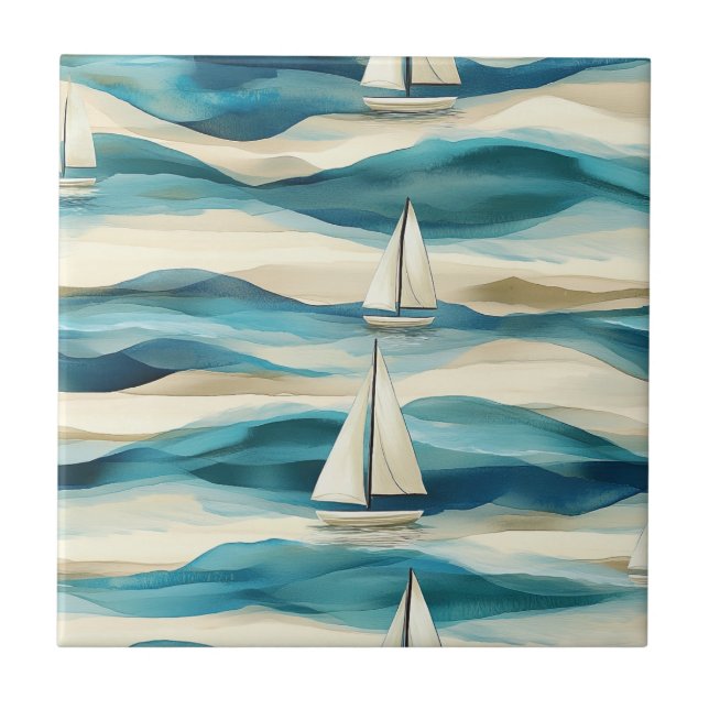 Coastal Sailboat Waves Nautical Pattern (2) Ceramic Tile (Front)