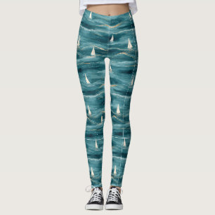 Coastal Sailboat Waves Nautical Pattern (3) Leggings