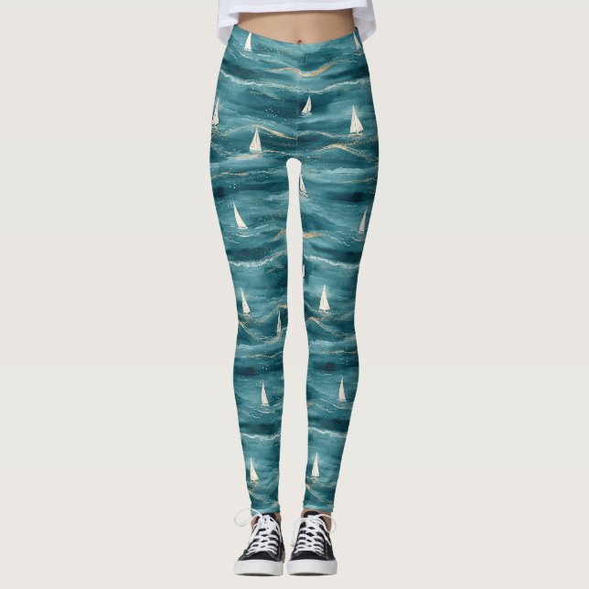 Coastal Sailboat Waves Nautical Pattern (3) Leggings (Front)