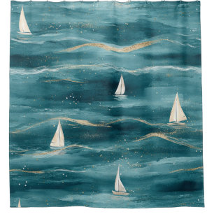 Coastal Sailboat Waves Nautical Pattern (3) Shower Curtain