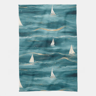 Coastal Sailboat Waves Nautical Pattern (3) Tea Towel