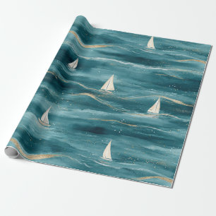 Coastal Sailboat Waves Nautical Pattern (3) Wrapping Paper