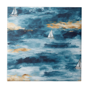 Coastal Sailboat Waves Nautical Pattern (4) Ceramic Tile