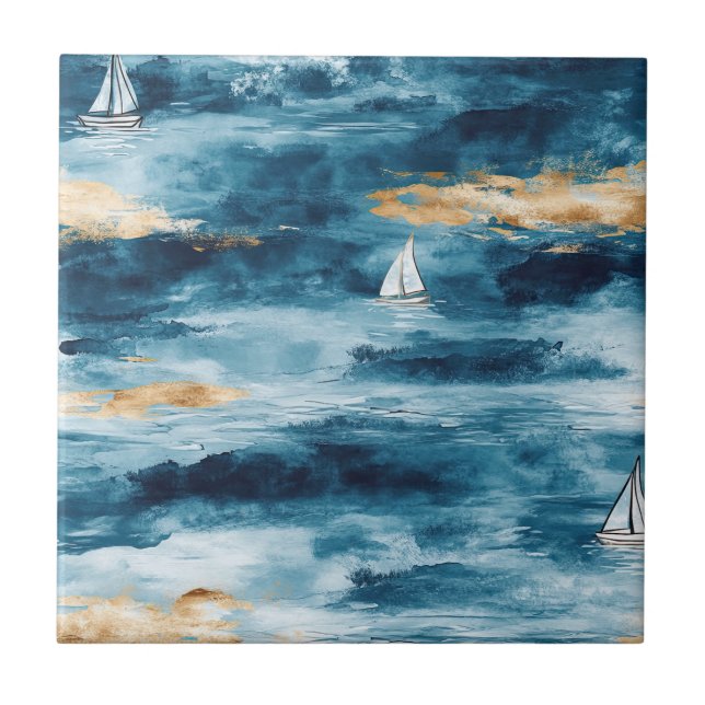 Coastal Sailboat Waves Nautical Pattern (4) Ceramic Tile (Front)