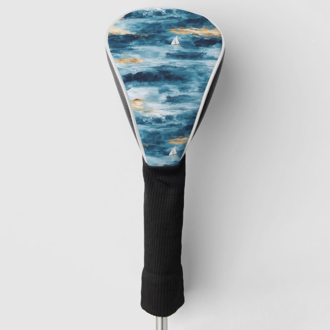 Coastal Sailboat Waves Nautical Pattern (4) Golf Head Cover (Front)