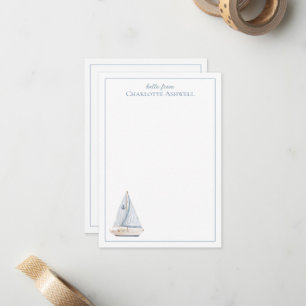 Coastal Sailboat With Blue Stripe Sail Personalise Card