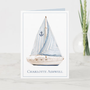 Coastal Sailboat With Blue Stripe Sail Personalise Note Card