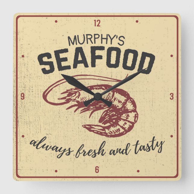 Coastal Saltwater Shrimp Customised Seafood Diner Square Wall Clock (Front)
