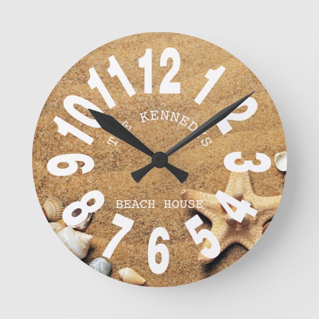 Coastal Sand Beach House Family  Large numbers Round Clock (Front)