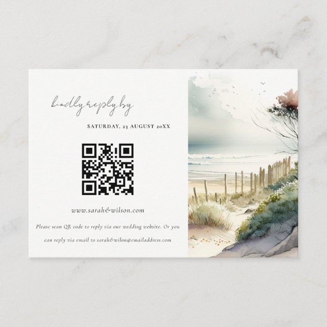 Coastal Sand Beach Seascape Wedding QR Code RSVP Enclosure Card (Front)