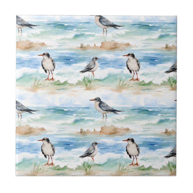 Coastal Sandpiper Shoreline Pattern (4) Ceramic Tile (Front)