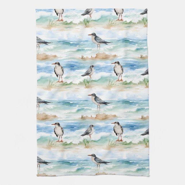 Coastal Sandpiper Shoreline Pattern (4) Tea Towel (Vertical)