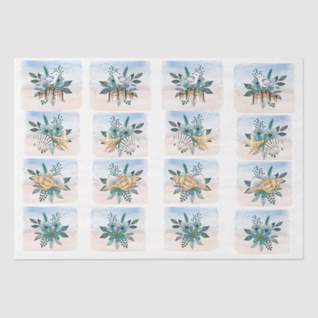 Coastal Sandpipers Flowers Shells Decoupage Paper (Front)