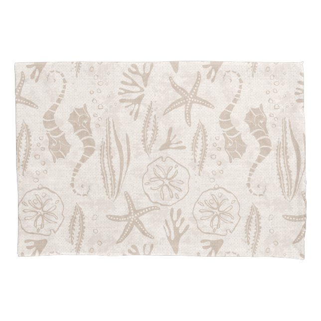 Coastal Sandy-Beige Hand-Drawn Seahorse Stripes Pillowcase (Front)