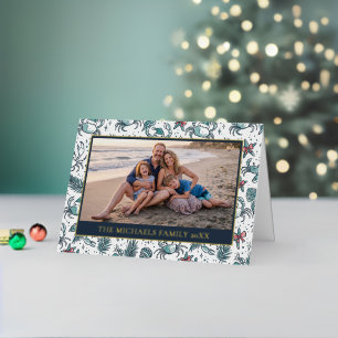 Coastal Santa Crab Pattern & Greetings Photo Foil Holiday Card