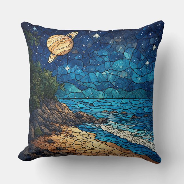 Coastal Scene Under a Starry Sky Cushion (Front)