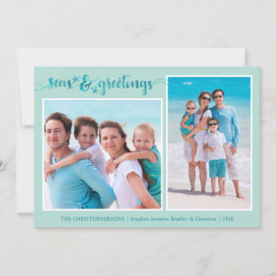 Coastal Script SEAS AND GREETINGS Starfish 2 Photo Holiday Card