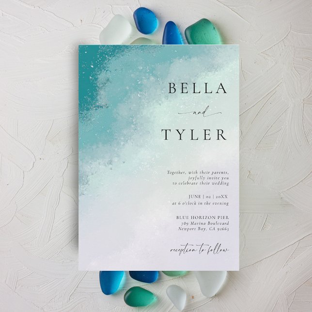 Coastal Sea Glass Teal Lavender Elegant Wedding Invitation (coastal wedding invitation sea glass teal blue lavender purple modern ocean beach elegant classic)