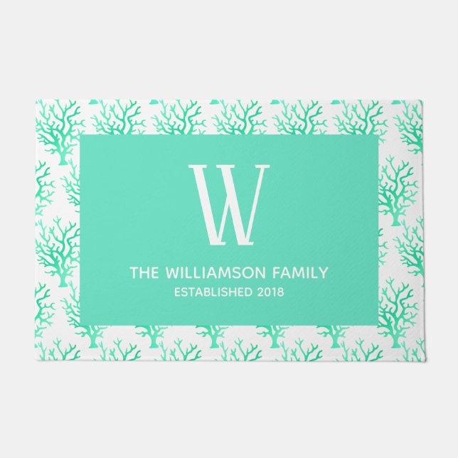 Coastal Sea Green Gradient Corals & Family Name Doormat (Front)