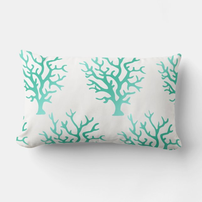 Coastal Sea Green Gradient Corals & White Lumbar Cushion (Front)