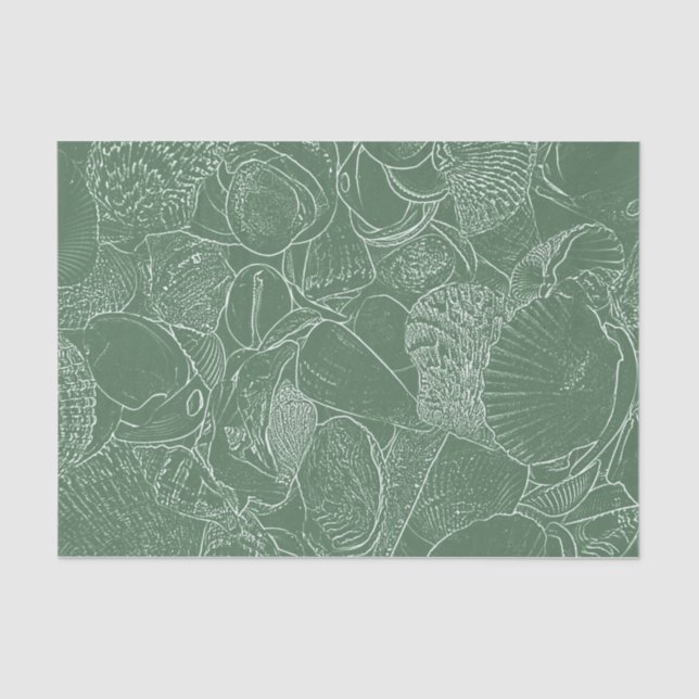 Coastal Sea Shell Beach Green White Decoupage Tissue Paper (Front)