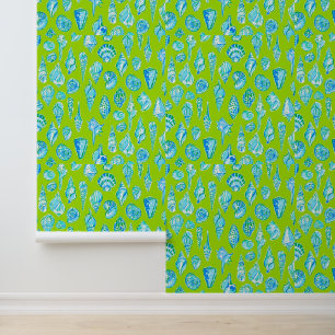 Coastal Sea Shells on Lime Green / Preppy Coastal Wallpaper