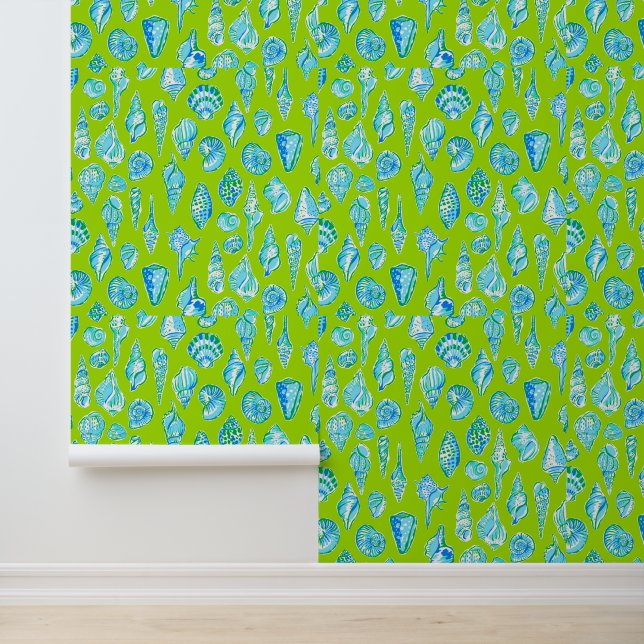 Coastal Sea Shells on Lime Green / Preppy Coastal  Wallpaper (Application)