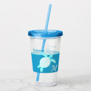 Coastal Sea Turtle Blue Teal White Acrylic Tumbler