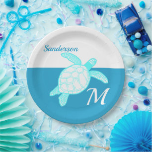 Coastal Sea Turtle Blue Teal White Paper Plate