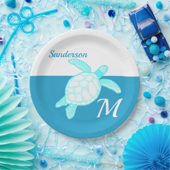 Coastal Sea Turtle  Blue Teal White  Paper Plate (Party)