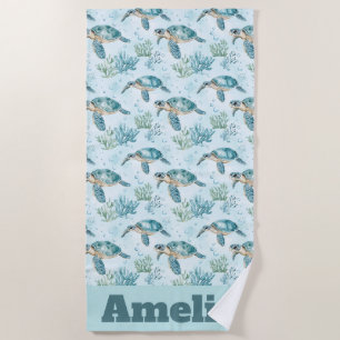 Coastal Sea Turtle Pattern Beach Towel