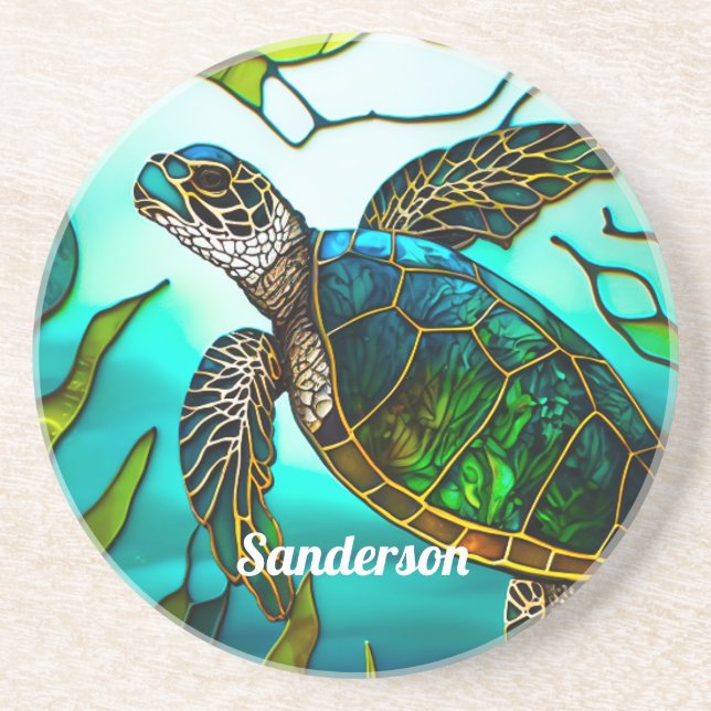  Coastal Sea Turtle Tropical Teal Blue Green  Coaster (Front)