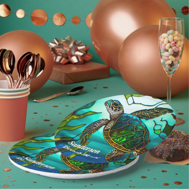  Coastal Sea Turtle Tropical Teal Blue Green  Paper Plate (Multi)