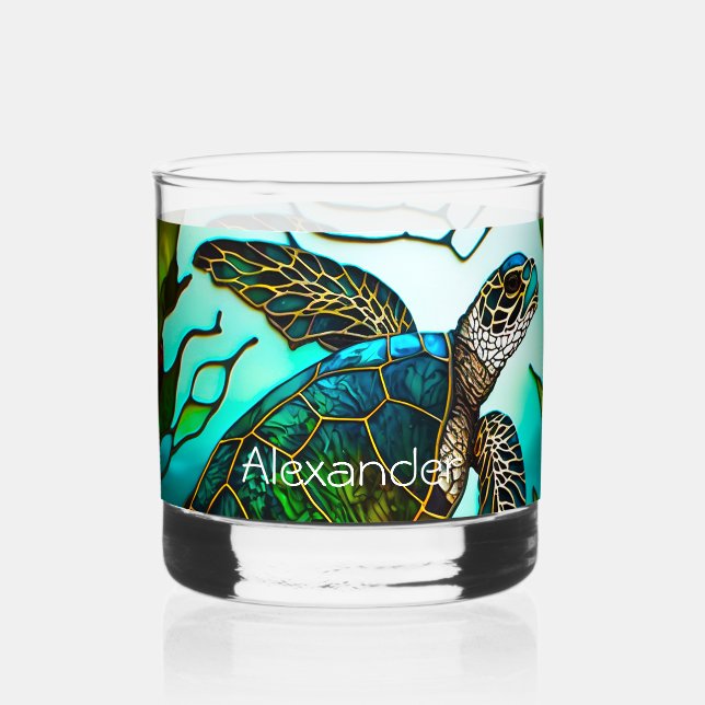  Coastal Sea Turtle Tropical Teal Blue Green  Whiskey Glass (Front)