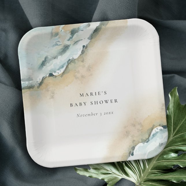 Coastal Sea Waves Sand Beach Nautical Baby Shower Paper Plate (Creator Uploaded)