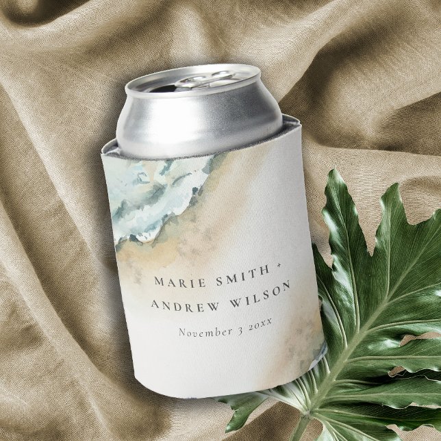 Coastal Sea Waves Sand Beach Nautical Wedding Can Cooler (Creator Uploaded)