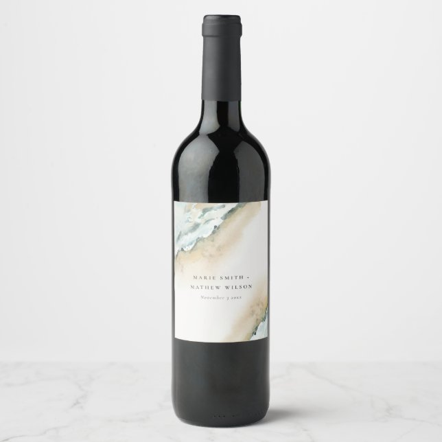 Coastal Sea Waves Sand Beach Nautical Wedding Wine Label (Front)