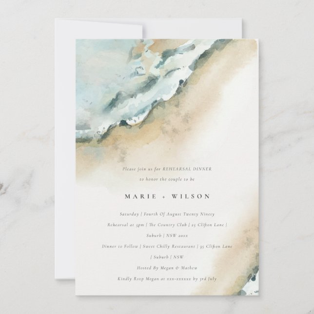 Coastal Sea Waves Sand Beach Rehearsal Dinner Invitation (Front)