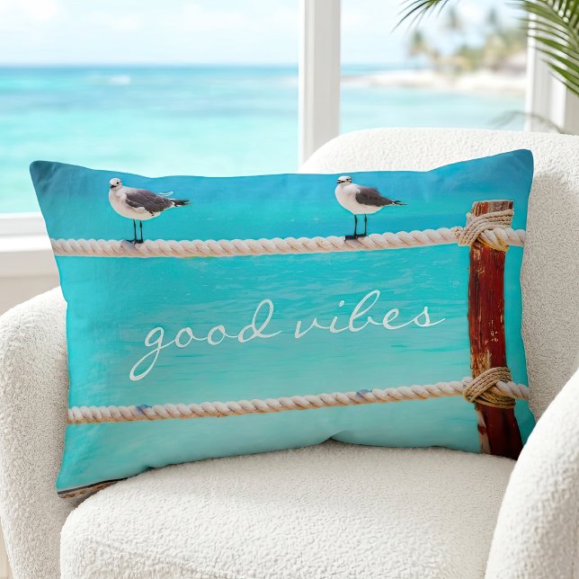 Coastal Seagull Beach Bird Good Vibes Quote Script Lumbar Cushion (Creator Uploaded)