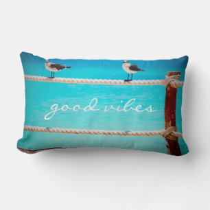 Coastal Seagull Beach Bird Good Vibes Quote Script Lumbar Cushion
