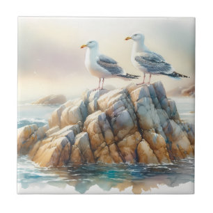 Coastal Seagulls Watercolor Seascape Ceramic Tile