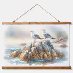 Coastal Seagulls Watercolor Seascape Hanging Tapestry