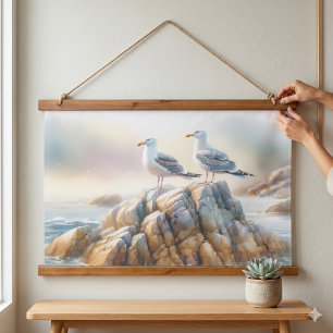 Coastal Seagulls Watercolor Seascape Hanging Tapestry