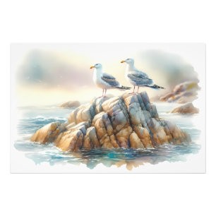 Coastal Seagulls Watercolor Seascape Photo Print
