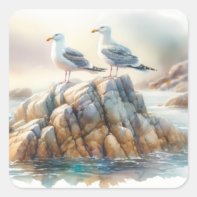 Coastal Seagulls Watercolor Seascape Square Sticker (Front)
