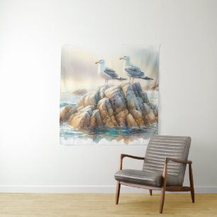 Coastal Seagulls Watercolor Seascape Tapestry