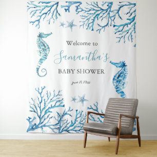 Coastal Seahorse Blue Photo Booth Backdrop Tapestry