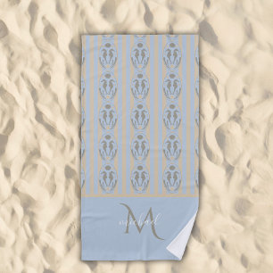 Coastal Seahorse Cameo Blue Cream Strip Monogram  Beach Towel