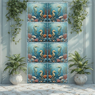 Coastal Seahorse Couple Ocean Corals Tropical Aqua Ceramic Tile