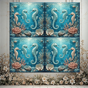 Coastal Seahorse Family Ocean Corals Tropical Aqua Ceramic Tile